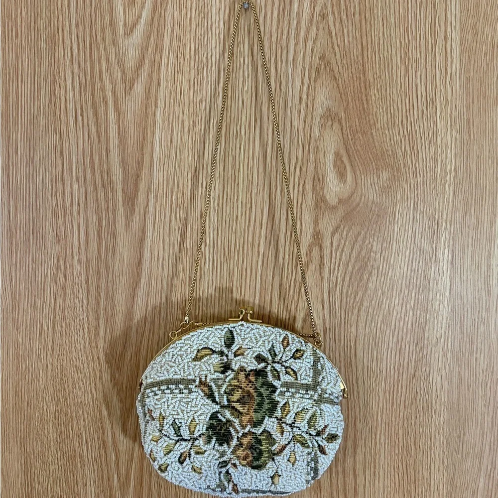 Vintage Handmade Beaded Floral Evening Satchel Bag with Gold Chain Strap